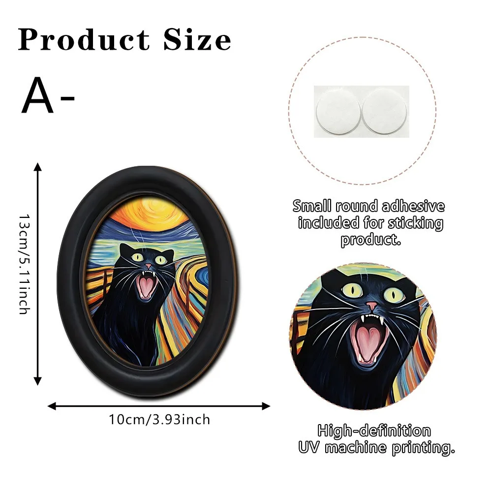 2D Abstract Wall Art Oval Shaped Wooden Oval Wall Decoration Black Frame Adhesive Mounting Cat Portrait Decor Gallery Decor
