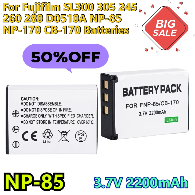 

2PCS 3.7V 2200mAh for Fujifilm SL300 305 245 260 280 D0510A NP-85 NP-170 CB-170 Batteries