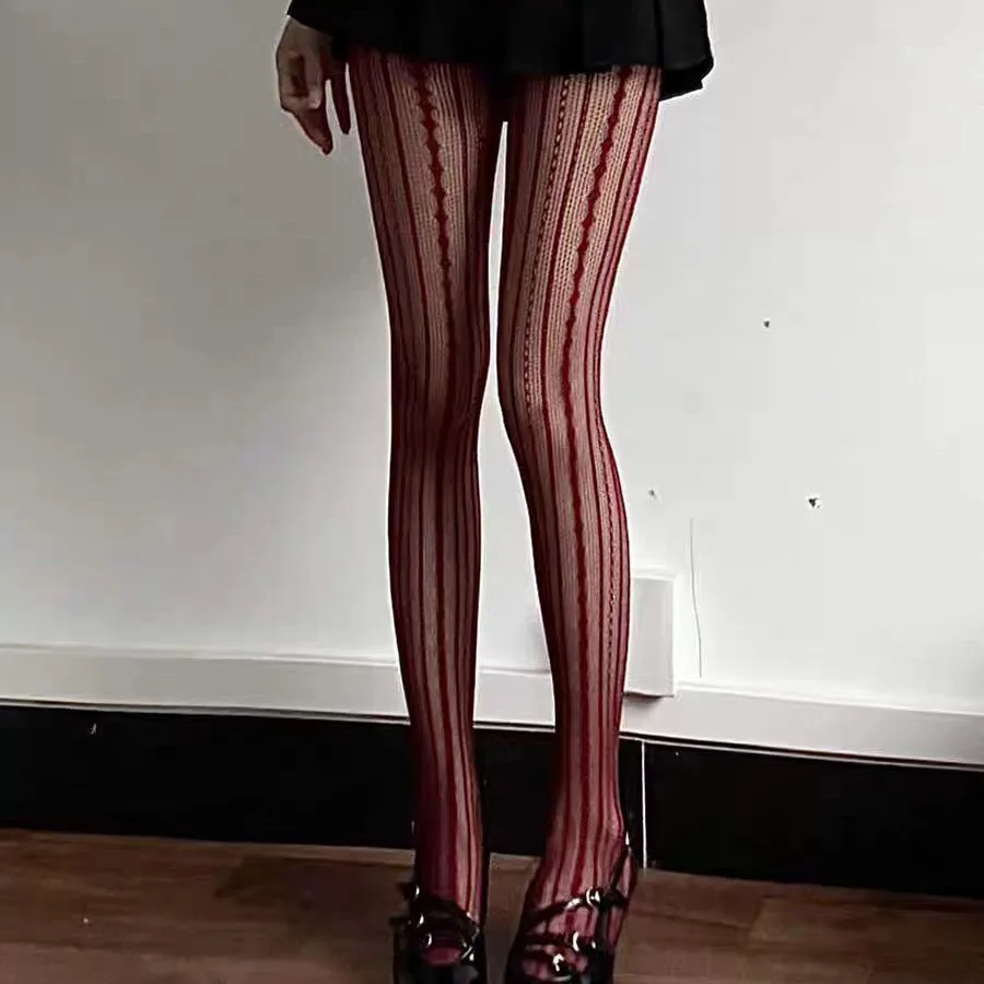 Sexy Stripes and Lace Fishnet Stockings Woman White Wine Red Gray Black Tights Thin Y2K Medias Socks Party Club Pantyhose.