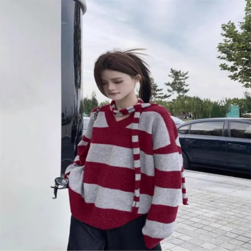 

Striped Sweater Women Autumn Winter New Long Sleeve Loose Slim Knit V Neck Ribbon Versatile Tops Ins Fashion Casual Wear