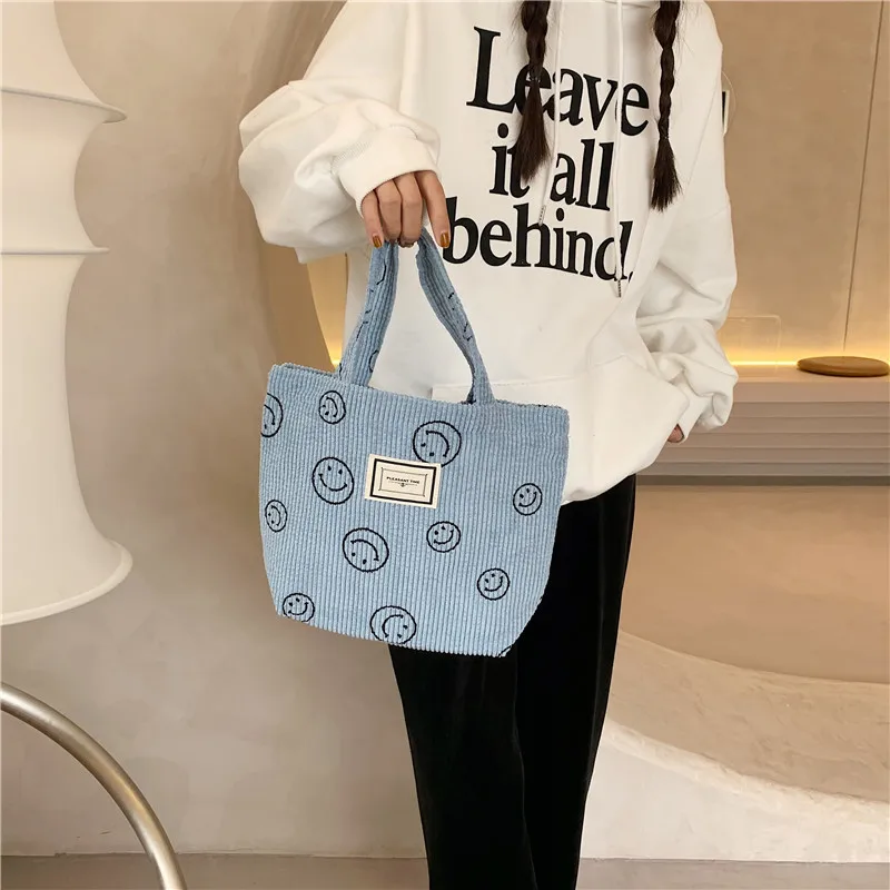 Corduroy Retro Women Small Tote Shoulder Bags Student Girls Lunch Bento Bag Hand Carry Shopper Bag Female Clutch Purse Handbags