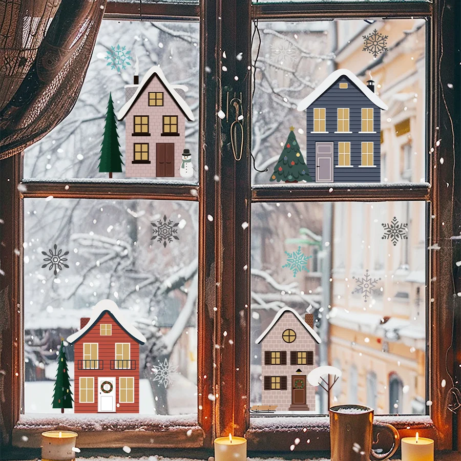 Cartoon Snowflake Small House Window Sticker Self-adhesive Wall Sticker Double-sided Visible Glass Decorative Sticker