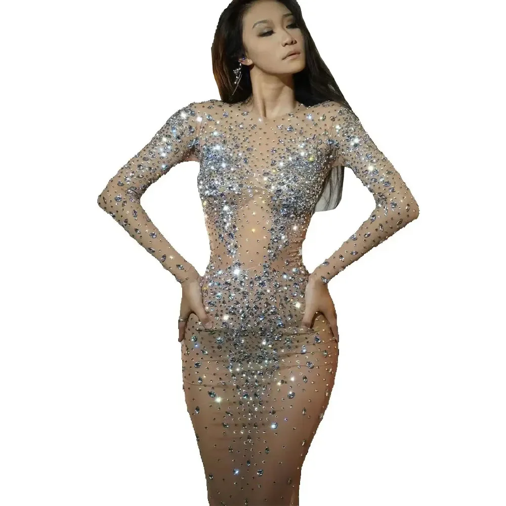 

Sparkly Rhinestones Long Dress Women Sexy Stage Mesh Transparent Celebrate Evening Club Wedding Prom Birthday Photoshoot Dress