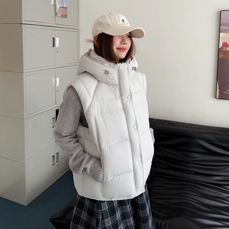 

Autumn Winter Puffer Vest Jacket Women Thick Down Cotton Padded Short Coat Female Hooded Sleeveless Bubble Parkas Woman