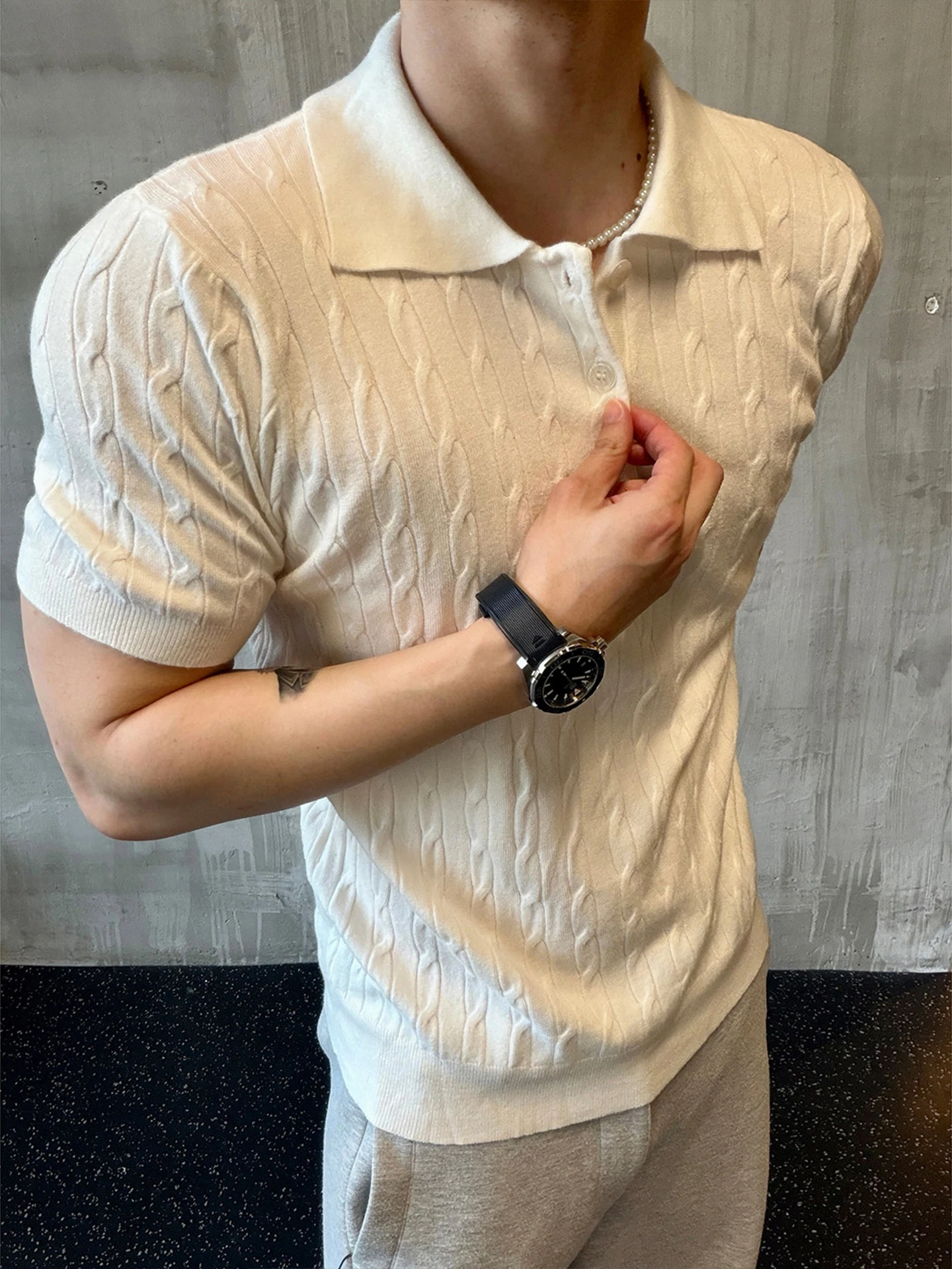 Men's Knitted  Shirt Short Sleeve Turn-down Collar Half Sleeve Regular Fit Summer T-shirt Cleanfit Style Wheat Pattern
