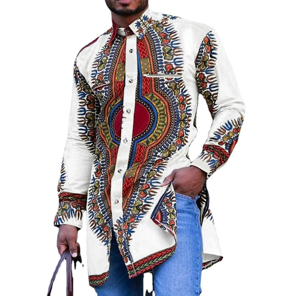 New Men's African Ethnic Style Shirt Digital Positioning Print Mid-Length Shirt Casual Versatile Style