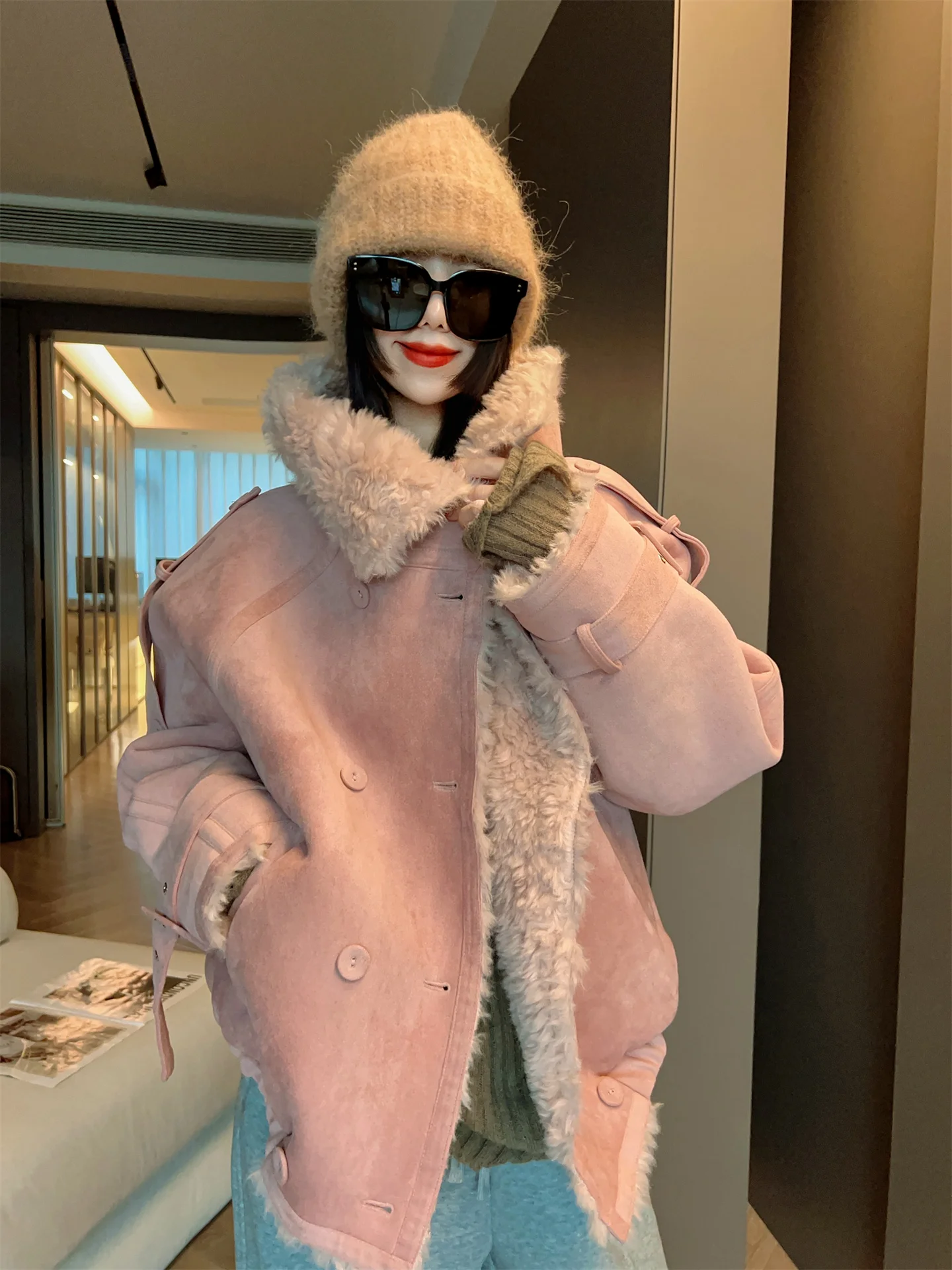 MRS AO Retro Thiened Fce damesleer en bont geïntegreerde warme top losse Sle faionable bovenkleding voor dames