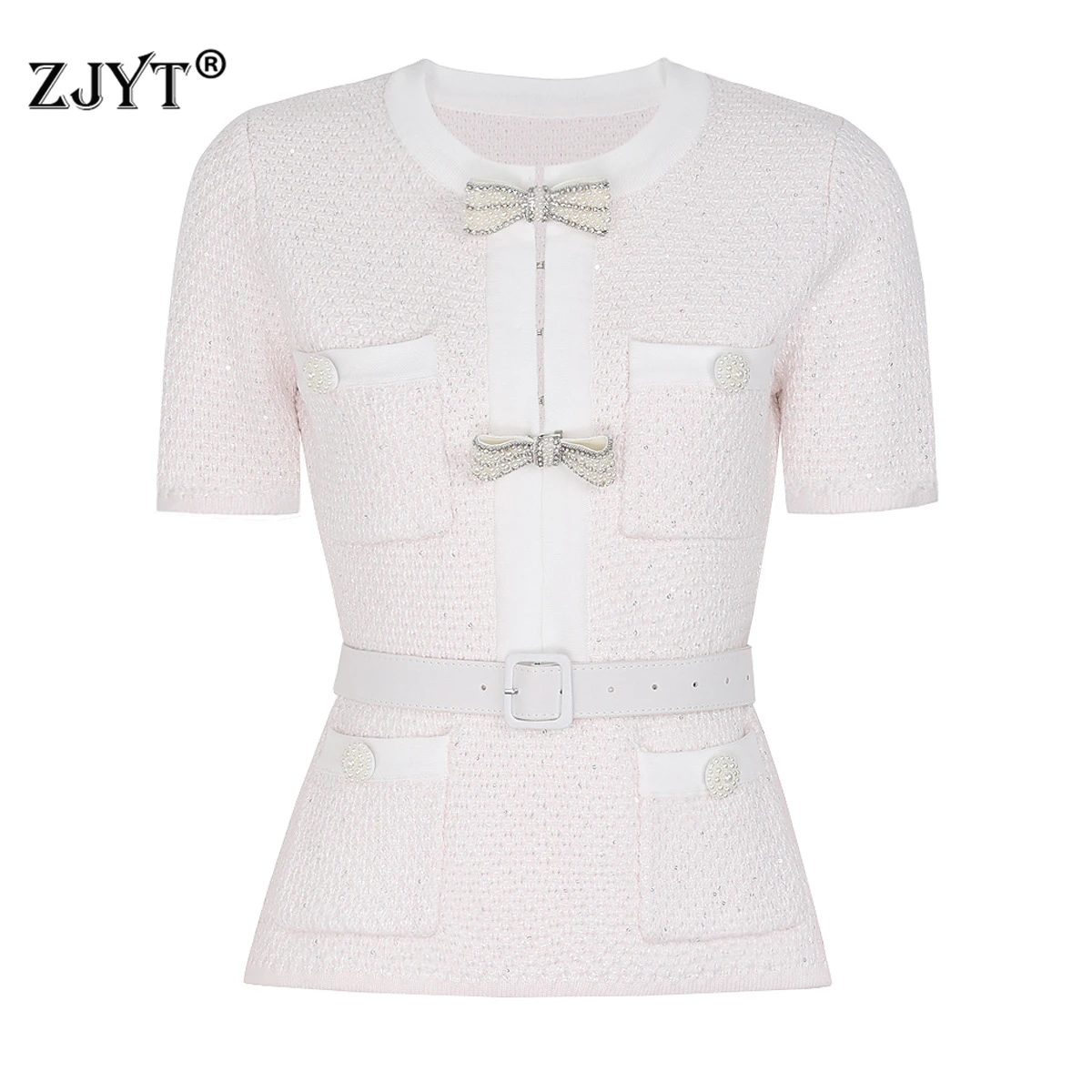 

ZJYT Spring 2026 Fashion Bowknot Pullovers Sweaters for Women Short Sleeve Elegant Designer Party Knitting Tops Jersey Mujer