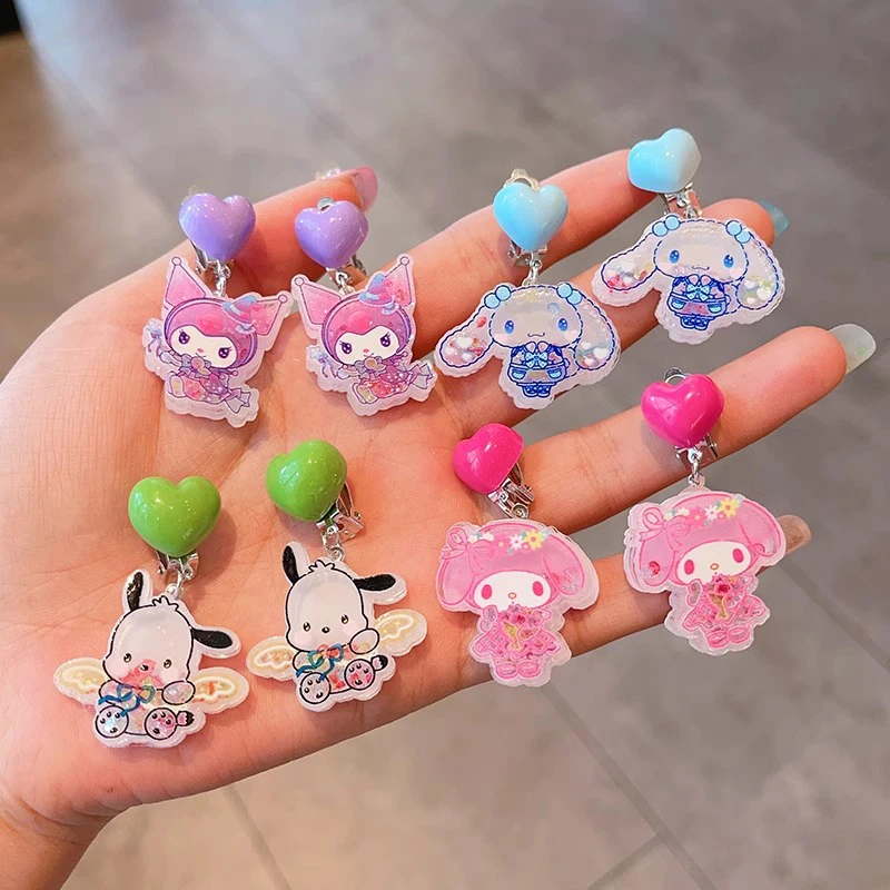 1Pair Sanrio Cute Kuromi Hello Kitty Melody Pochacco Drop No Piercing Pendant Ear Clip Sweet Earrings For Girls Ear Jewelry