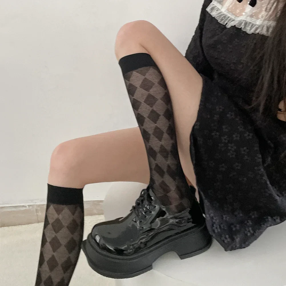 Summer Spring Women JK Lolita Knee High Long Socks School Girls Mesh Fishnet Hollow Stockings Rhombus Black White Stockings