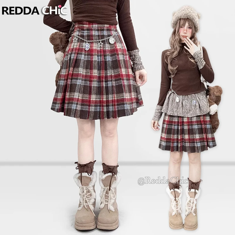 REDDACHiC Women Tweed Plaid Skirt Vintage Trendy Tartan A-line High Waist Casual Knee Long Pleated Skirt Kpop School Uniform