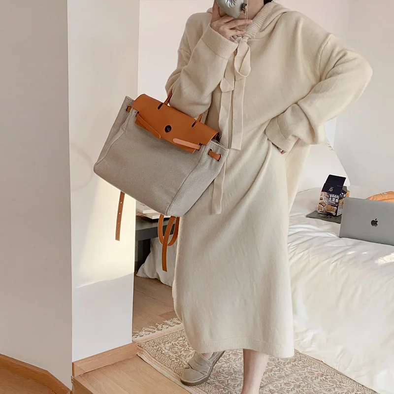 Women Loose Long Dress Hooded Knit Casual Full Sleeve Thick Dresses Sweaters Elegant Lady Vestidos Solid Autumn Winter