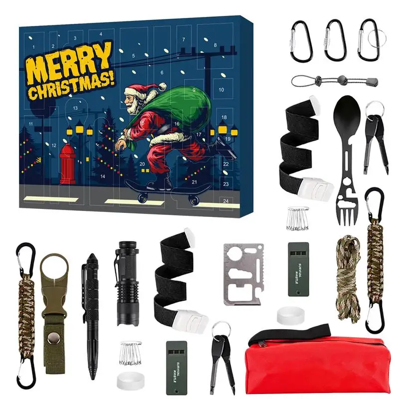 Survival Tools Advent Calendar 24-Day Portable Countdown Calendar Festive Practical Survival Kits for Christmas Hiking Fishing