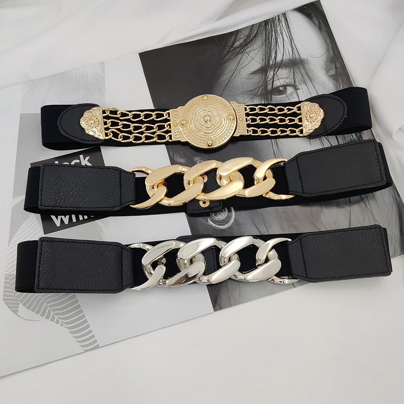 Flower Gold Chain Belt Woman Dress Elastic Coat Corset Belts For Women High Quality Wide Stretch Cummerbunds Long Waistband