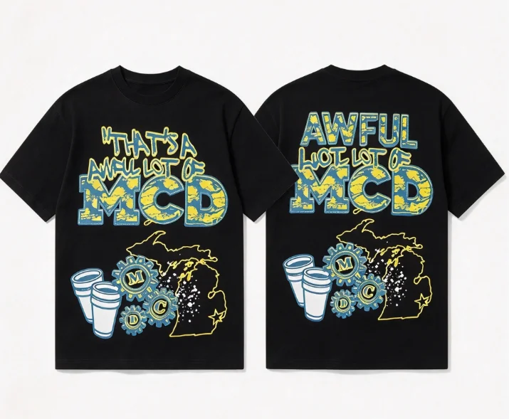 2026 new Short sleeve tee with playful graffiti lettering and gear cup prints on front back American retro street style unisex