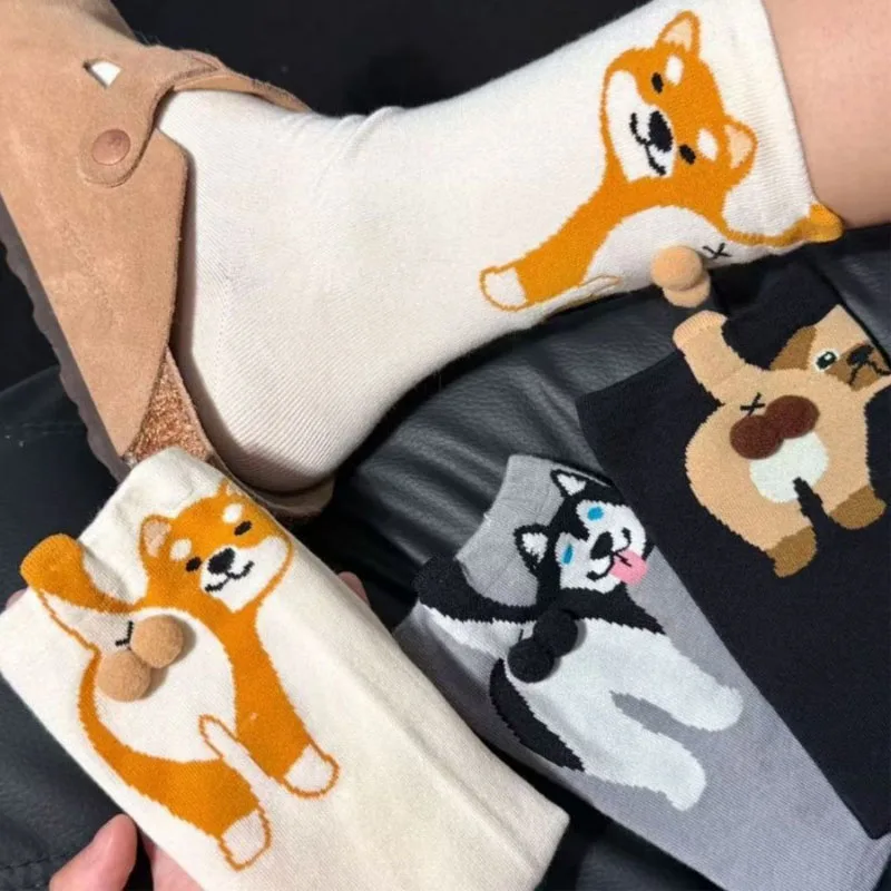 

Dreamlikelin1 Pair/4Pairs Autumn Winter Cartoon Cute Dog Balls Cotton Socks Kawaii Lolita Knitting Socks Women Girls Middle Tube