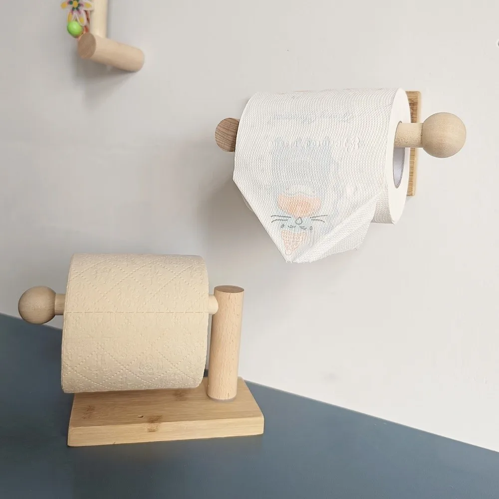 Wood Grain Bamboo Toilet Paper Holder Wood Grain Retro Desktop Tissue Stand Drill-Free Rustroof Paper Towel Rack Bathroom