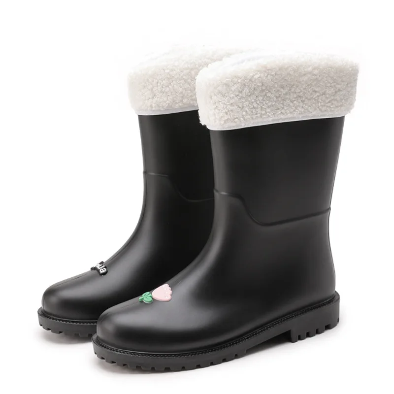 2024 KingLuck Women Rain Boots Rubber Slip-on Shoes for Girls Water Waterproof Plastic Black Ladies Female Mid-Calf BOOT Autumn