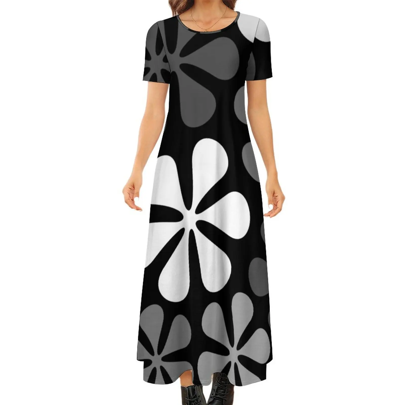 

Abstract Flowers Monochrome Round Neck Short Sleeve Dress Long dress woman summer dress daily