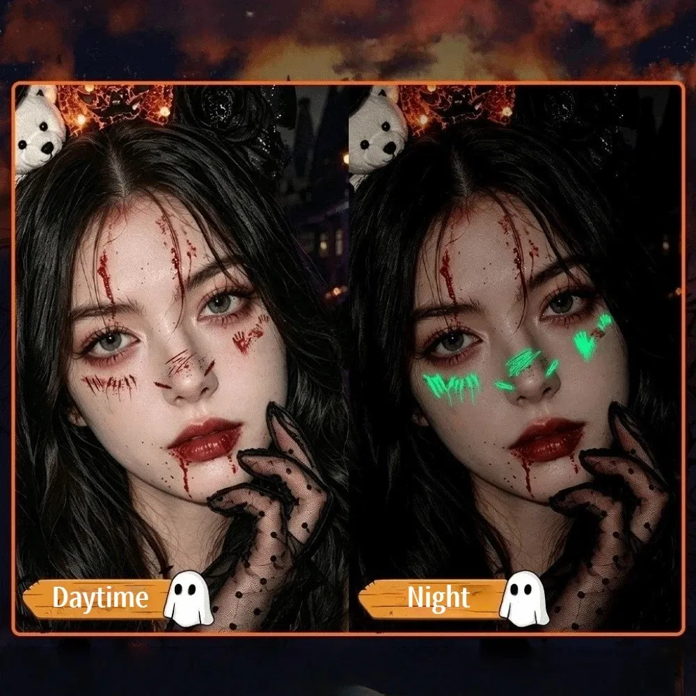 6 Sheets Waterproof Fluorescence Halloween Makeup Stickers Long Lasting Body Art Bloodstain Blush Stickers Cartoon Cute