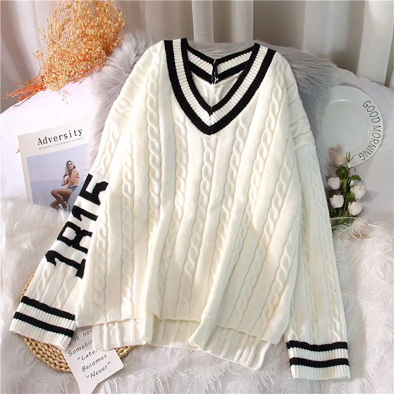 

Striped V-Neck Long Sleeve Preppy Style Sweater Casual Loose Elegant Pullover Knit Sweater 2023 Autumn Winter Warm Women Sweater