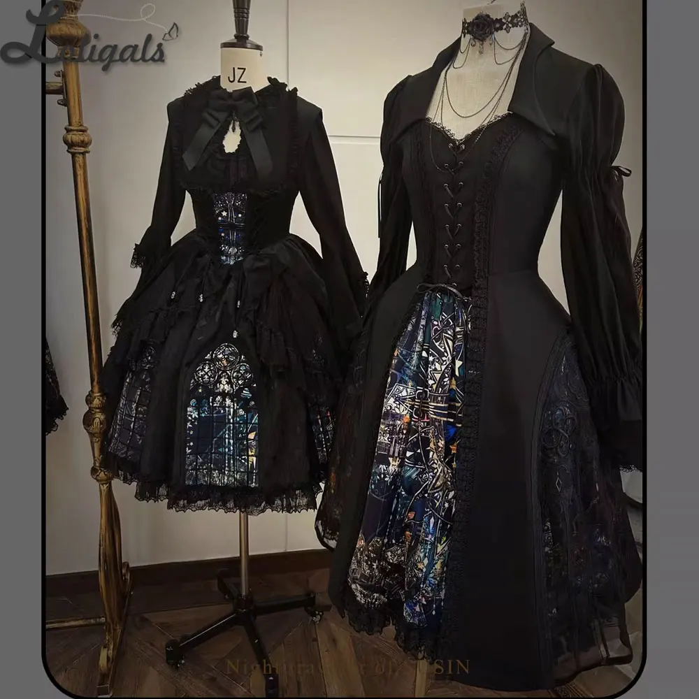 تنورة قوطية على شكل حرف A نافذة كاتدرائية مطبوعة تنورة لوليتا قصيرة بخصر مطاطي ~ المسافر الليلي من SUSIN #1