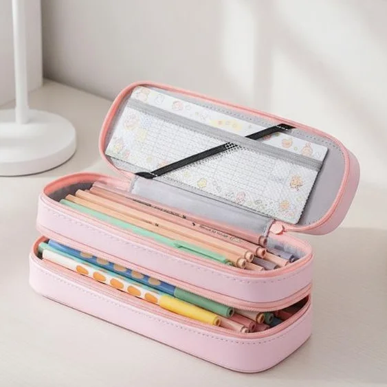 Cartoon Cute Double Layer Pencil Case Large Capacity Lovely Print Zippered Stationery Holder for Kids Daily Use