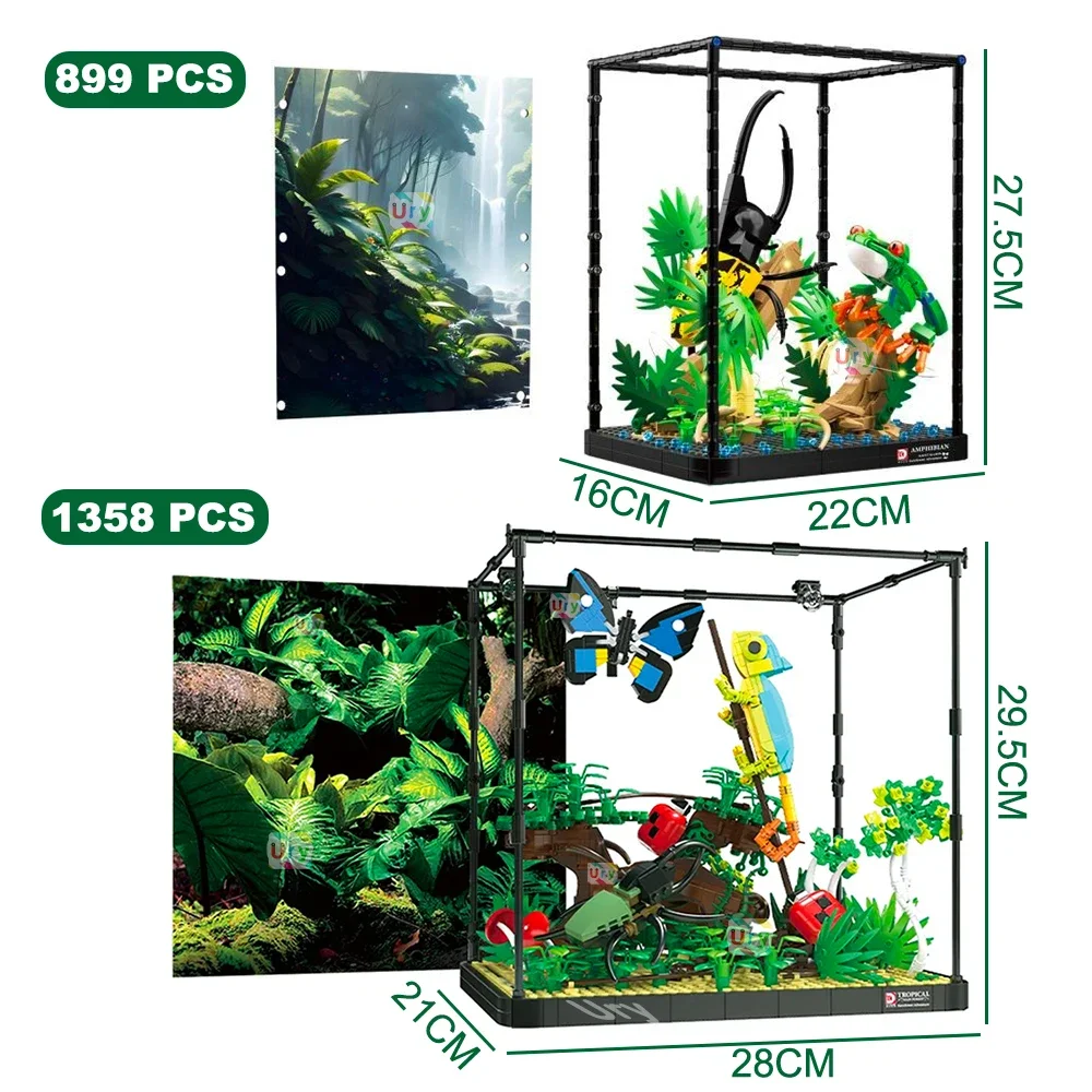 MOC Tropical Rainforest Tree Frog Unicorn Beetle Display Box with Led Light Chameleon Insect Models Building Block Toy for Kids