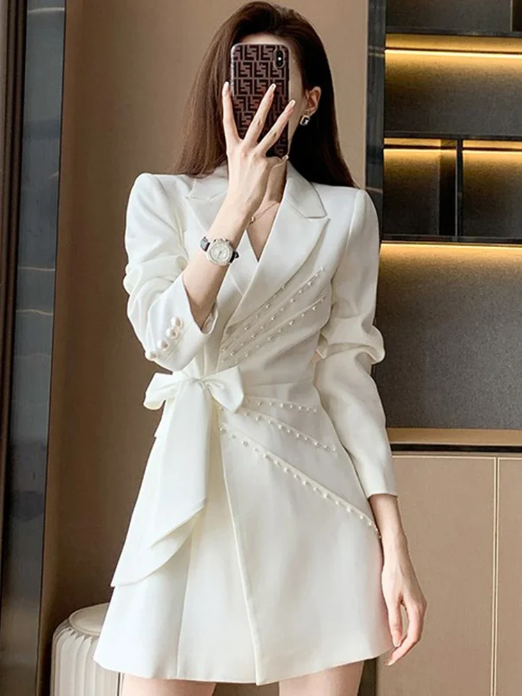 

H Han Queen Korean Elegant Fashion Blazer Dress 2024 New Women Autumn Sheath Bodycon Dresses Lace-Up Bead Casual Party Vestidos