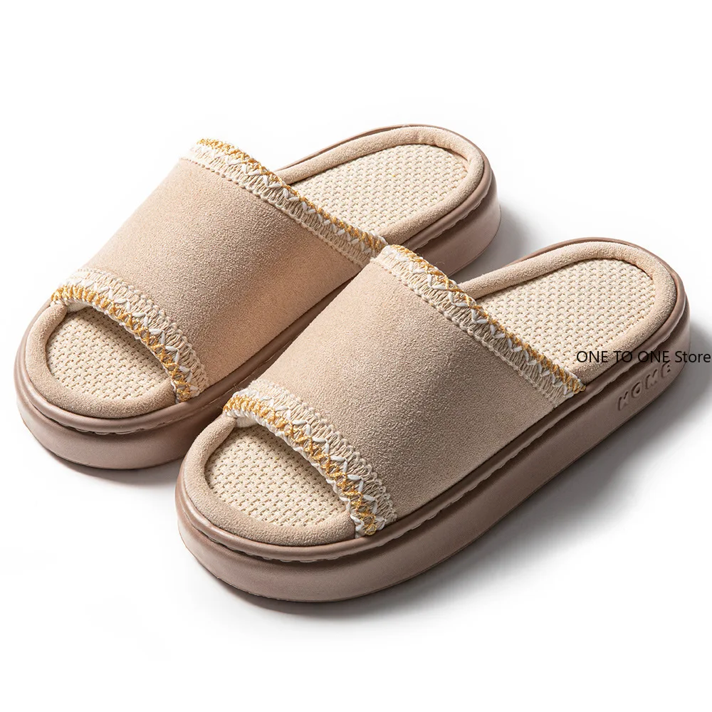 

New Home Linen Slippers Women Men Summer Indoor Open Toe Slippers Men Couples Flip Flops Bedroom Breathable Non Slip Slides WIN