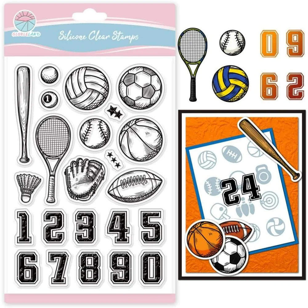 Sellos transparentes con números de pelotas deportivas para hacer tarjetas, baloncesto, fútbol, voleibol, Golf, sellos transparentes para bricolaje