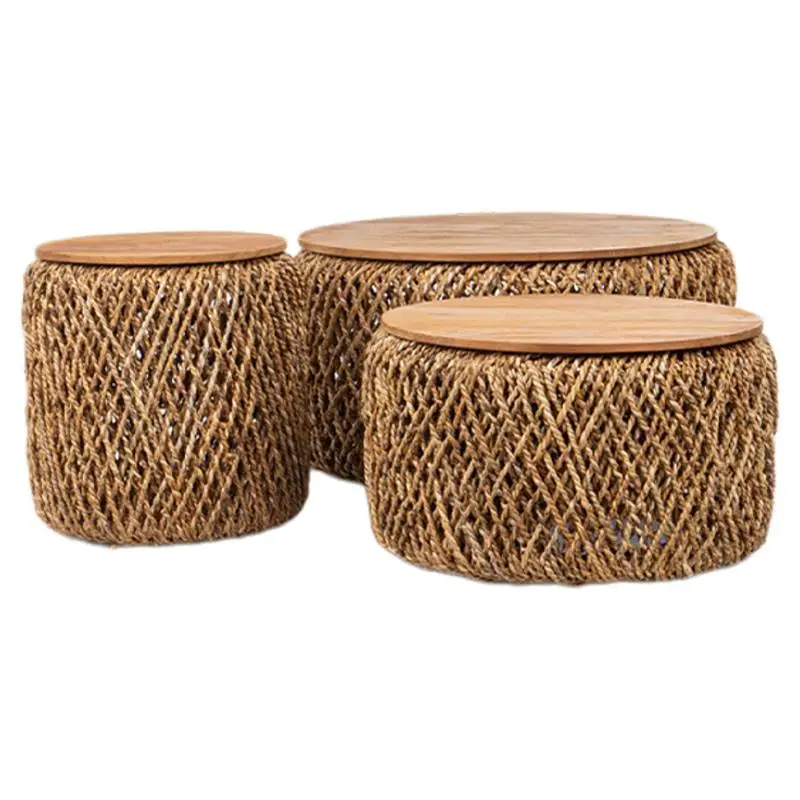 Modern minimalist outdoor teak coffee table living room home coffee table combination simple rattan woven round coffee table