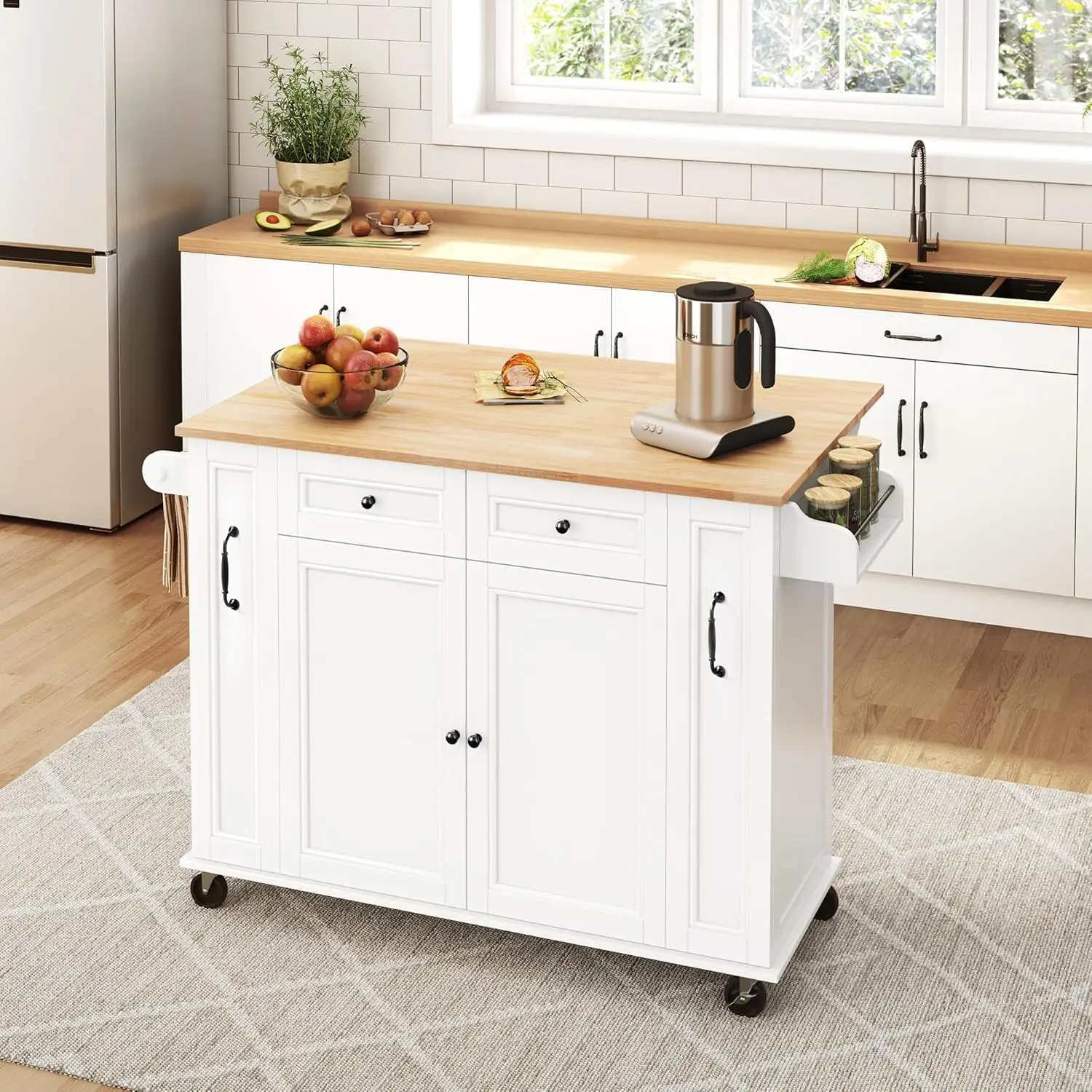 Topeakmart Kitchen Cart with Drop-Leaf Rubberwood Top, Rolling Kitchen Island with 2 Side Pull-Outs & 2 Drawers & Spice Rack, Ki