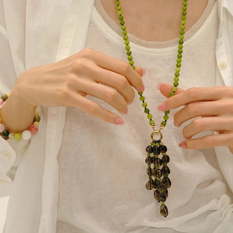 

Green Grape Fringe Quartz & Citrine Long Necklace for Women, Sweater Chain Niche Luxury Style Accessory.