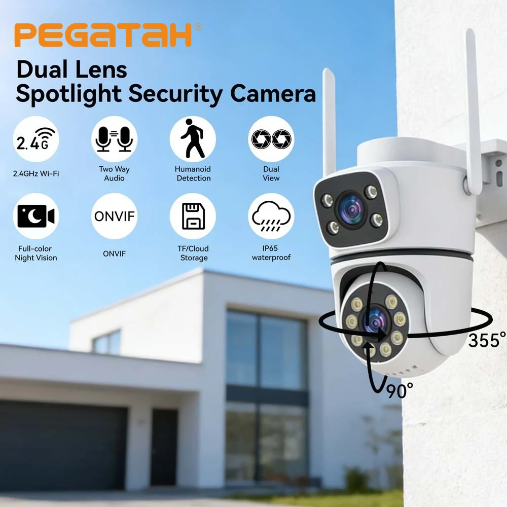 PEGATAH 4K PTZ WIFI Camera Dual Lens Dual Screen 5X Digital Zoom IP Camera Auto Tracking Outdoor CCTV Surveillance O-KAM Pro