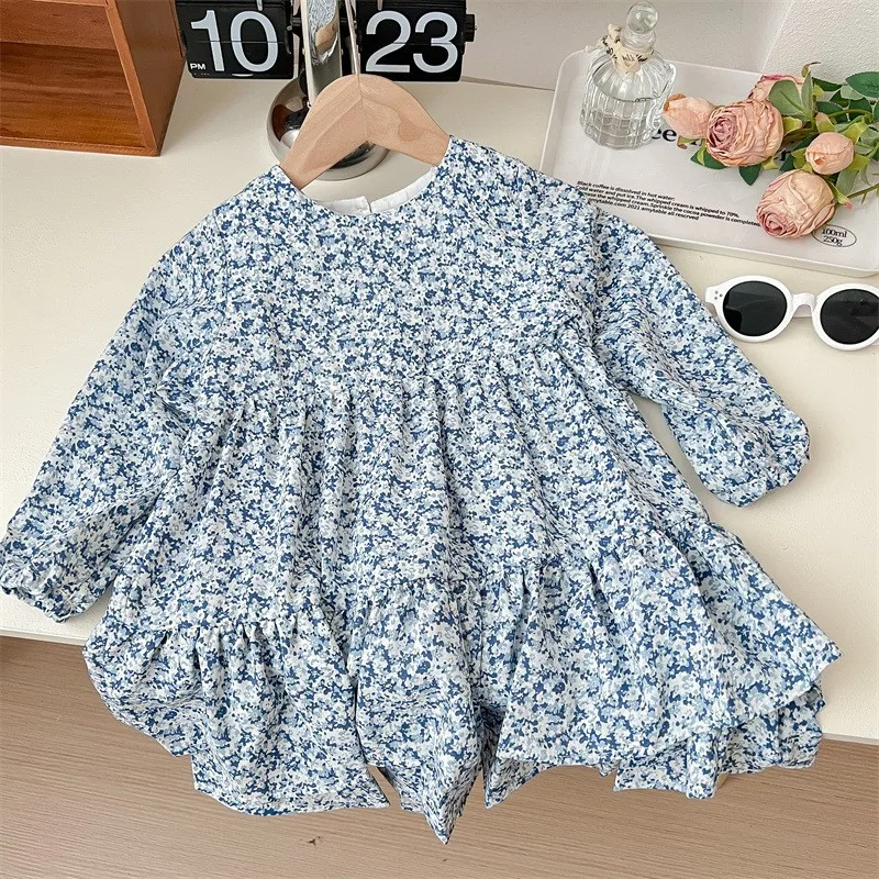 2024 Spring Autumn Kid Baby Girl 2PCS Clothes Set Cotton Floral Ruched Dress Knitted Long Sleeve Coat Suit Toddler Girls Outfits