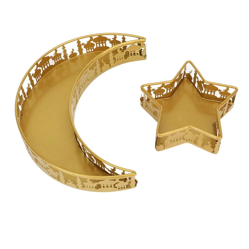 2pcs Gold Color Moon Star Shape Trays Metal Material Table Decoration Fruit Serving Tray Novelty Shape Hollow Cut Design