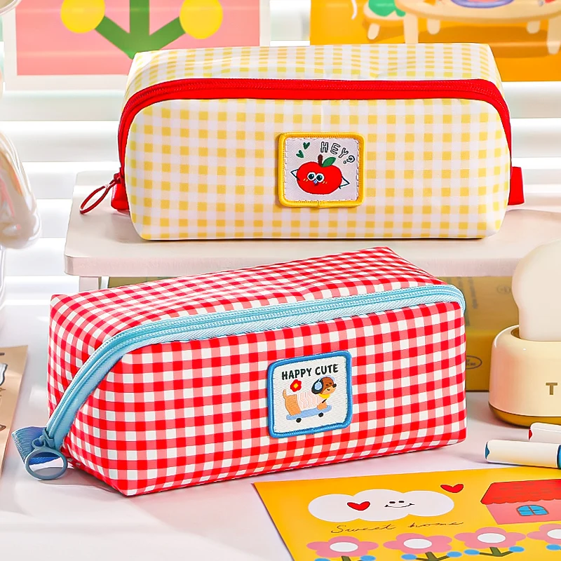 Cartoon Pencil Case Large Capacity Canvas Grid Color Blocked Stationery Organizer for School