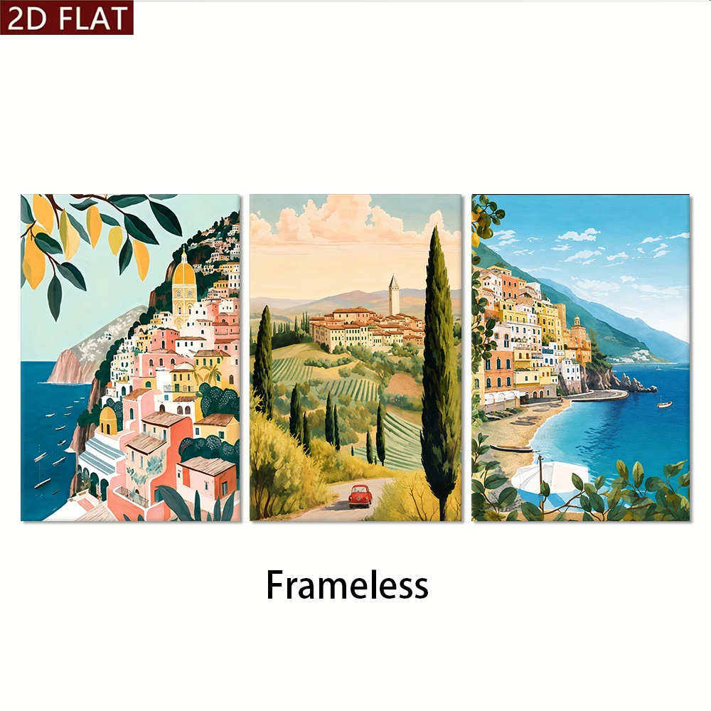 3PCS Large-sized frameless canvas paintings,1 set of Mediterranean style Positano Amalfi Tuscany triple living room study framel