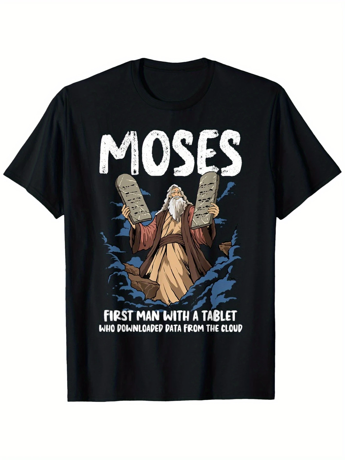 Men's and children's Christian print T-shirt, crew neck, casual and fun top, versatile for parties and holidays.