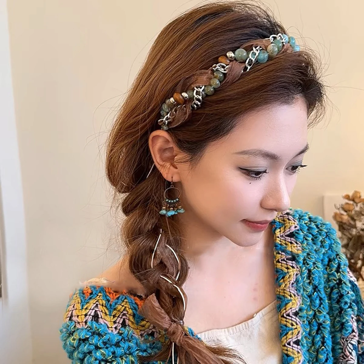 AWAYTR New Bohemian Women Headband National Turquoise Beads Headdress Fashion Braideda Adjust Headbands Hair Accessories