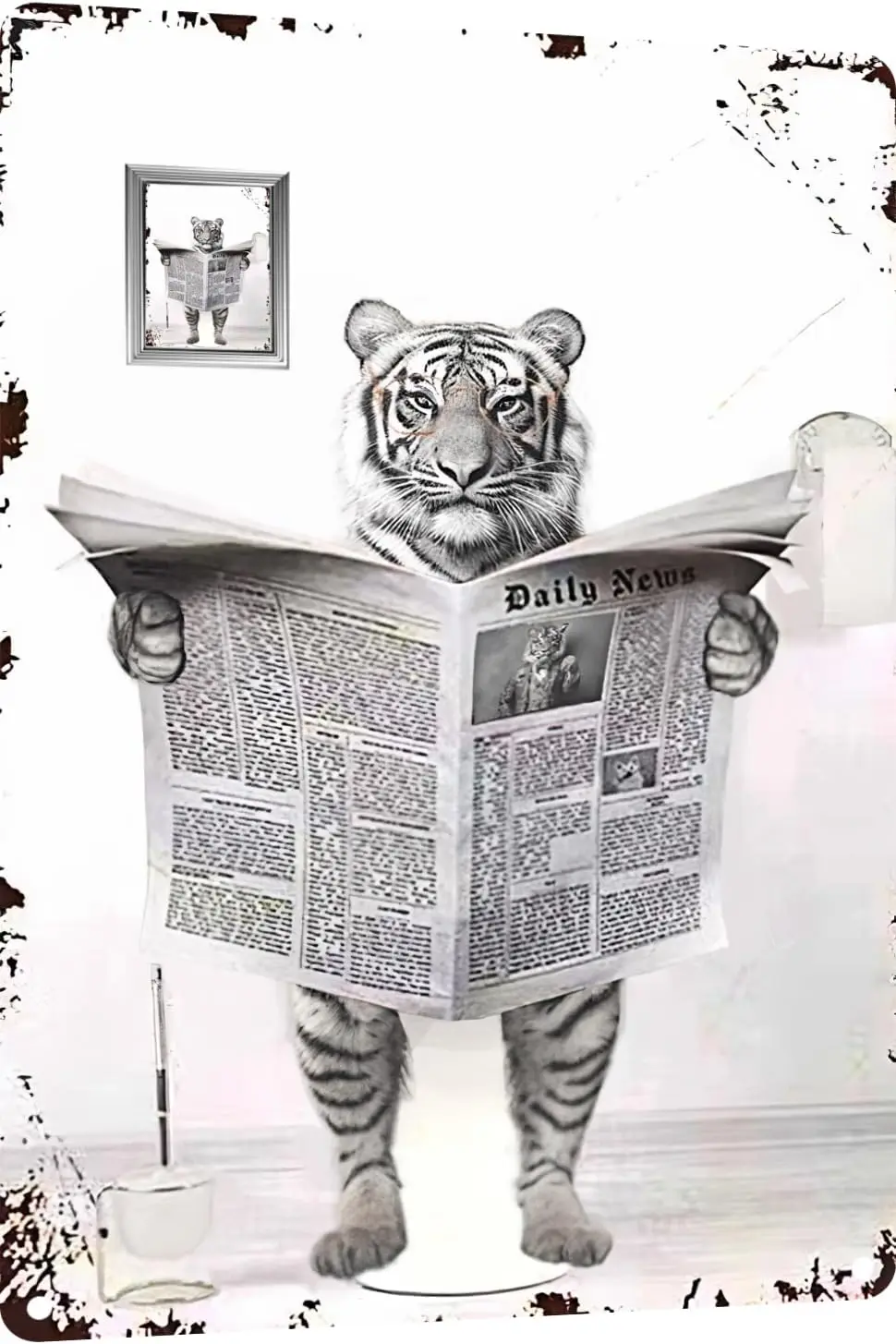 Metal Tin Sign Vintage Tiger Toilet Reading Newspaper Humour Funny Animal Whimsy Animal for Home, Bathroom and Toilet Wall Decor