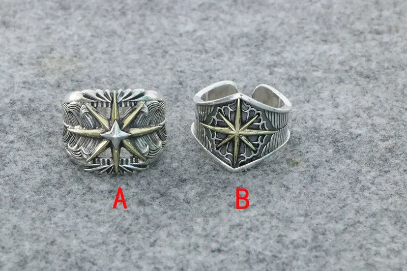 S925 Sterling Silver Sunflower Men's Index Finger Personalized Open Ring Octagon Silver Feather Ring Hip Hop Punk Style