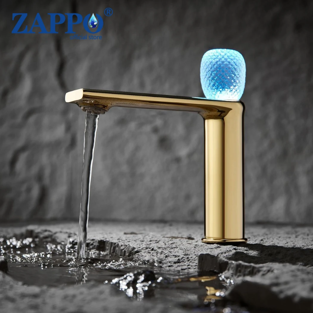 

ZAPPO LED Bathroom Faucet with Crystal Light Handle Brass Washbasin Tap Cold Hot Water Mixer Taps for Basin Gold Brey Color