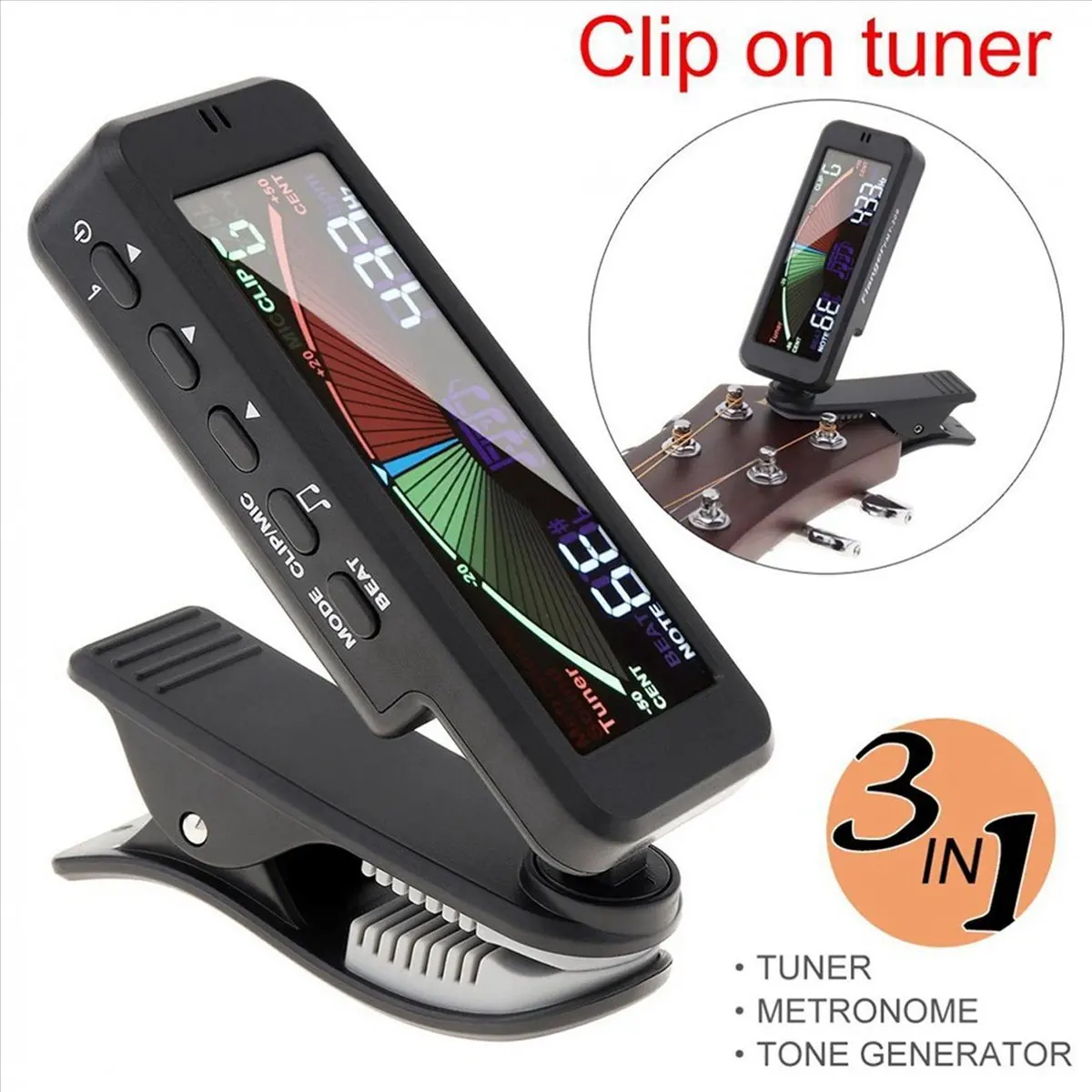 Learned- 2X 3 in 1 Guitar Tuner Large LCD Screen Metronome Generator with Clip for Chromatic Guitar Bass Ukulele Violin
