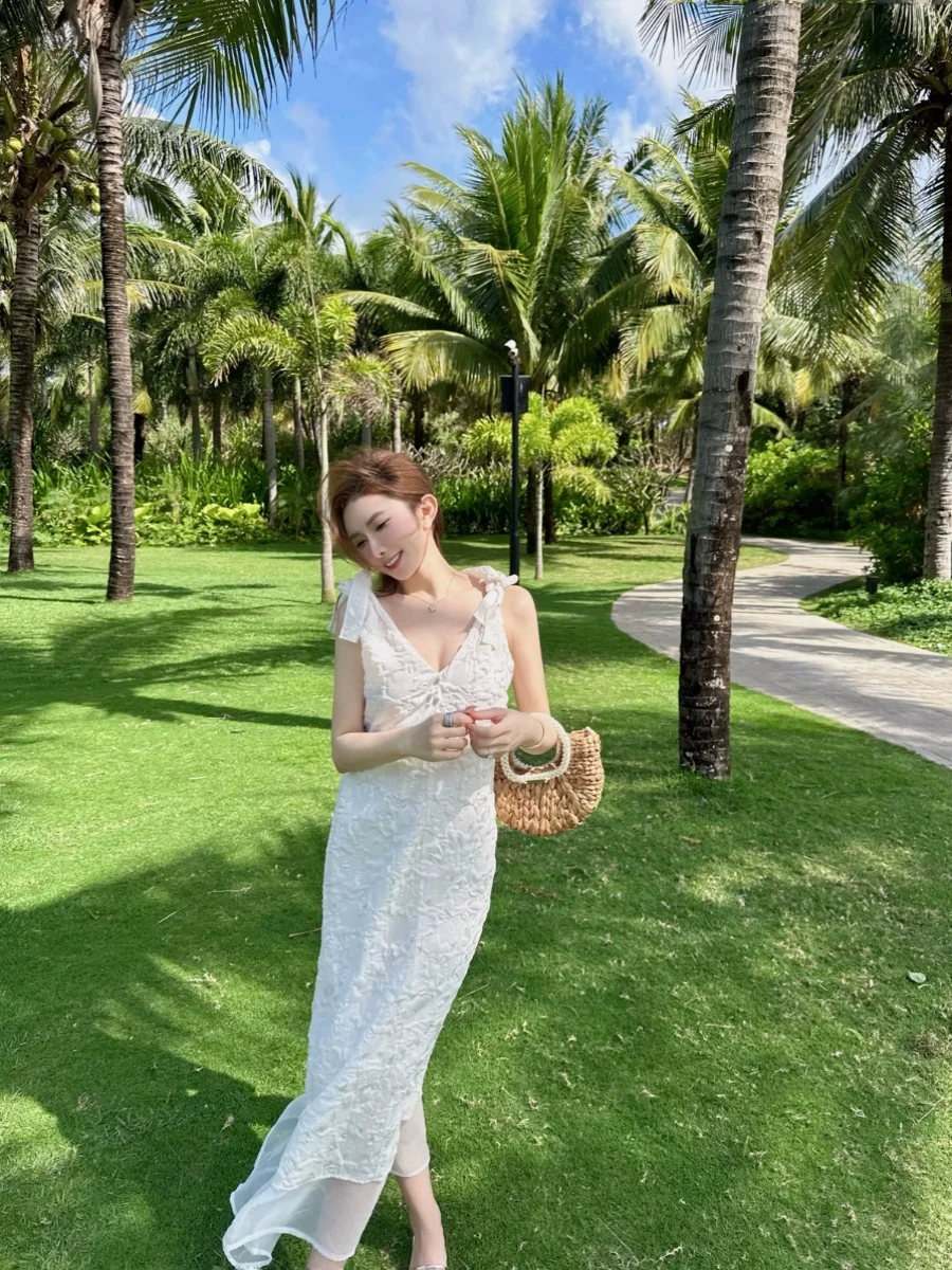 

JUNSTUDIO Sweet White Tea Knot Strap Dr Women's Summer Faion Ele Sle Dr