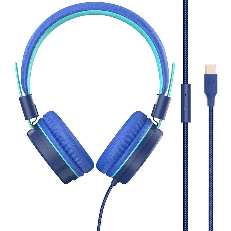[DTC4]Adjustable Folding Wired Headset for Kids TYPEC Plug, on-Ear Headphones with Mic for Online Classes