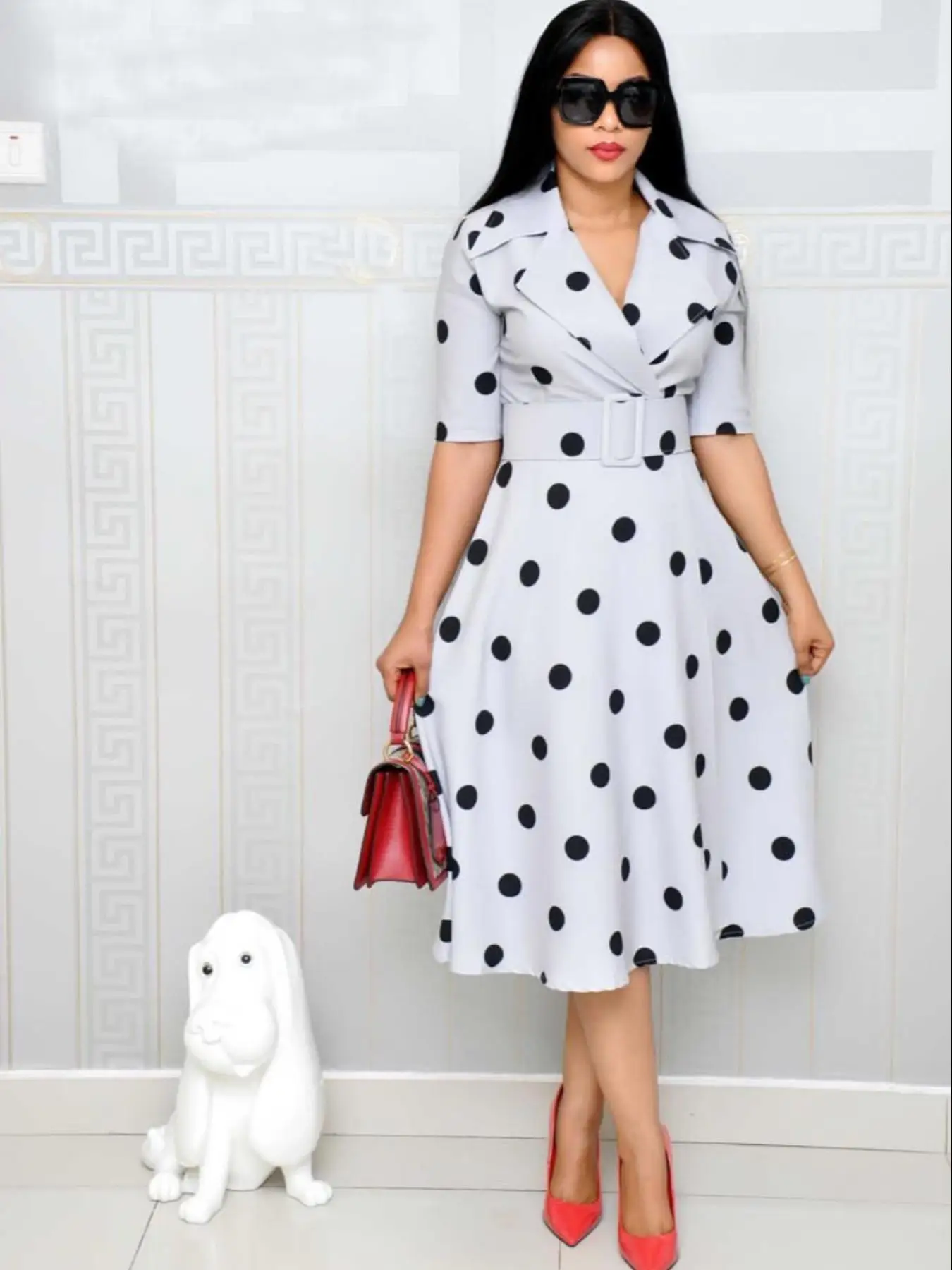 2026 Spring/Summer New Women's Dress Suit Collar Point Collection Mid Sleeve Splicing Large Swing Wide Belt Dress