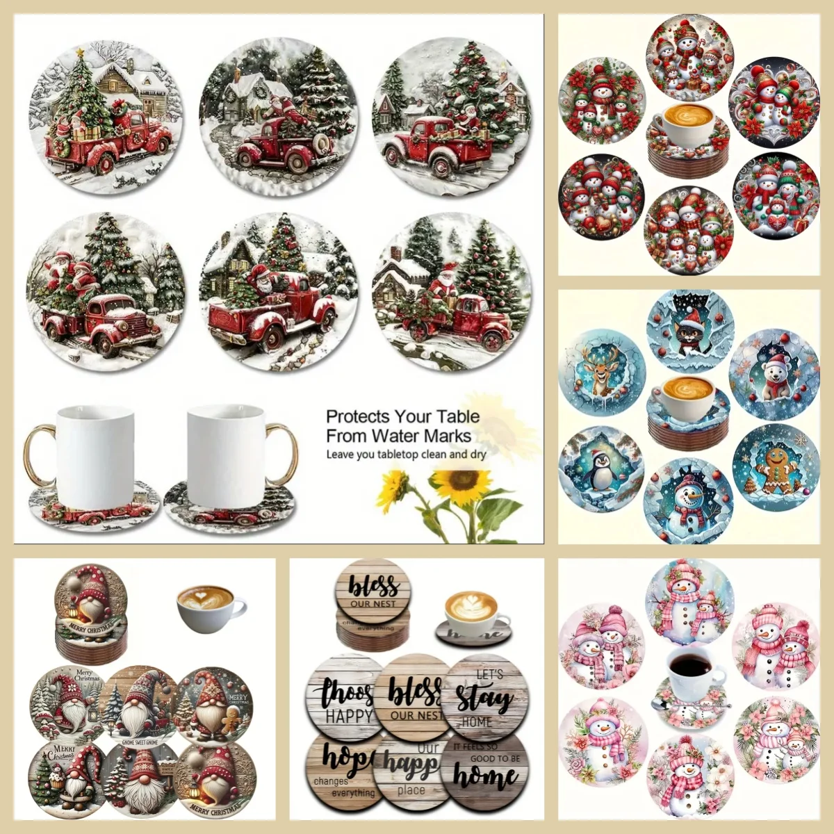 6 Christmas-Patterned Anti-Slip and Heat-Insulating Wooden Coasters, Suitable for Kitchen and Office Holiday Gifts