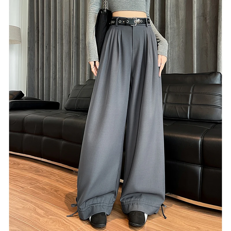 Fashion Casual Belt Suit Pants Women Autumn Folds Lace Up High Waist Wide Leg Pants Office Lady Loose All Match Solid Bloomers